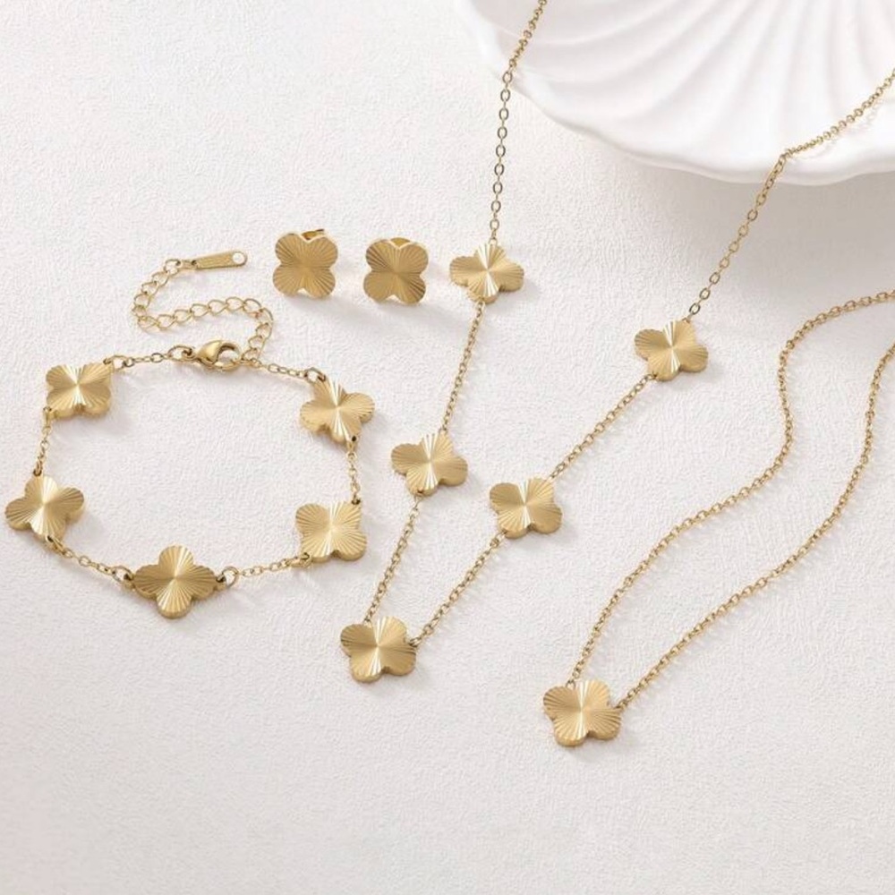 Gold Plated Stainless Steel Clover Necklace, Bracelet & Earring Set – 4-Piece